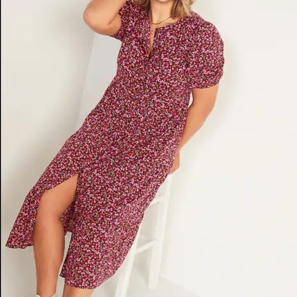 OLD NAVY | Floral Puff-Sleeve Button-Front Midi Swing Dress - Picture 1 of 7